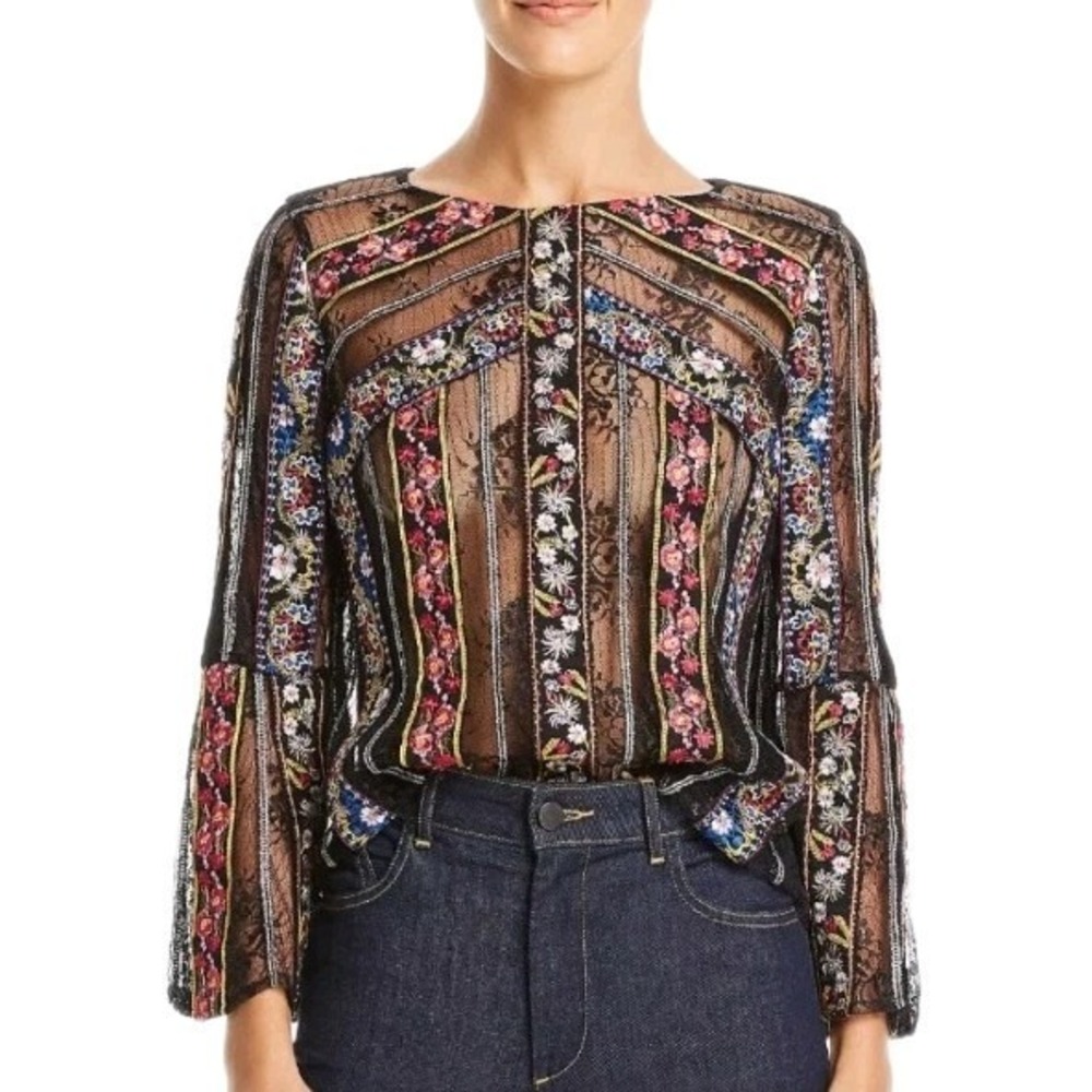 Alice + Olivia Larue Sheer Lace Inset Top Size XS Floral Embroidered Blouse